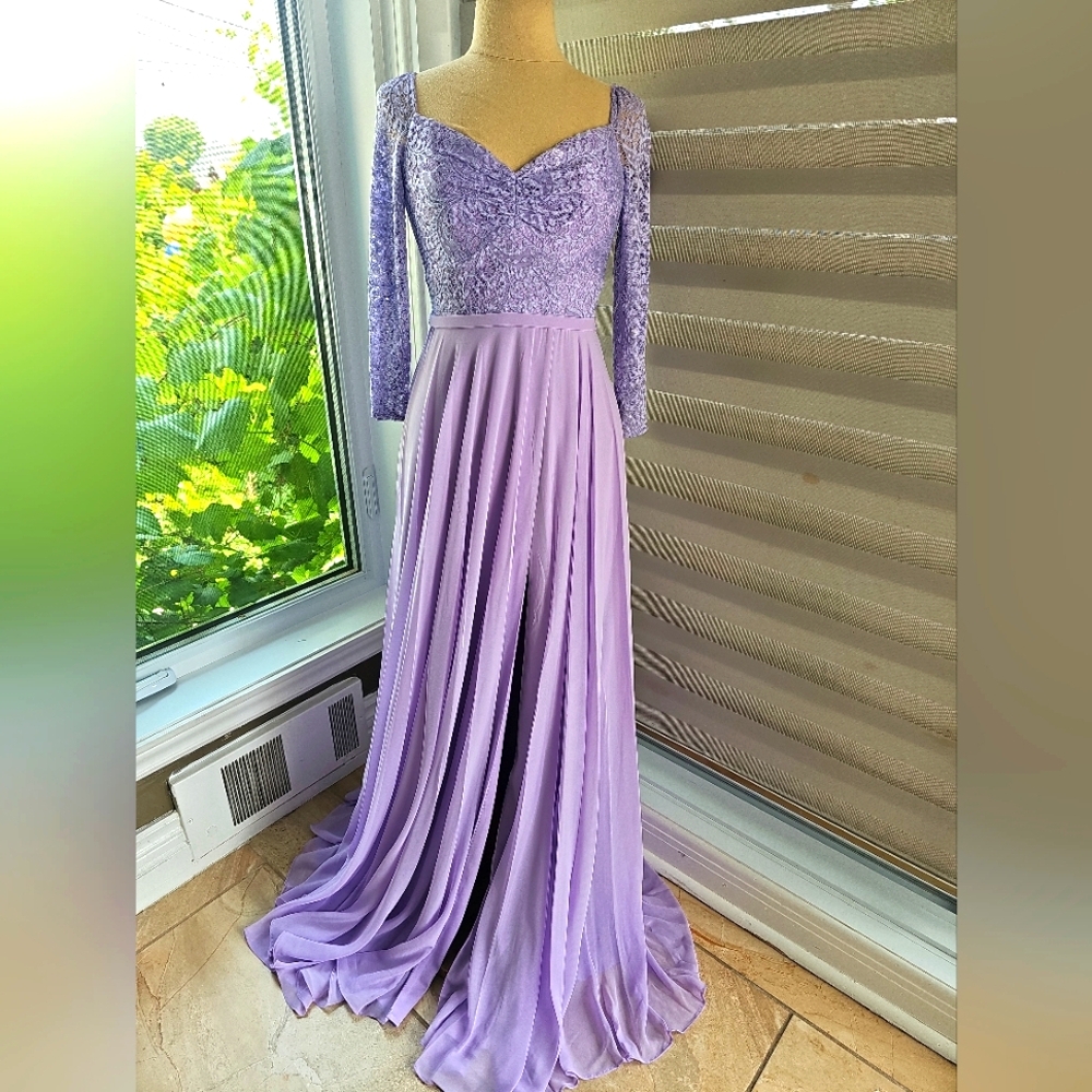 Cindy Collection Chic Long Sleeve Lace Gown‎ in Soft Lilac Size S